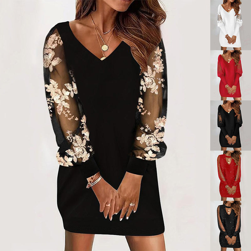 Christina – Robe à Manches Longues avec Col en V et Dentelle pour Femmes