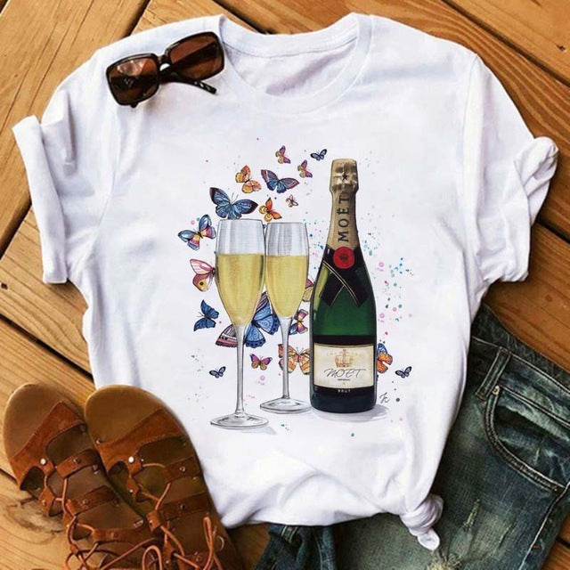 Emily – T-shirt Kawaii avec motif verre à vin rose