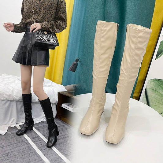 Kathleen – Bottes hautes à talon carré et bout rond en cuir vegan