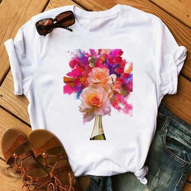 Emily – T-shirt Kawaii avec motif verre à vin rose