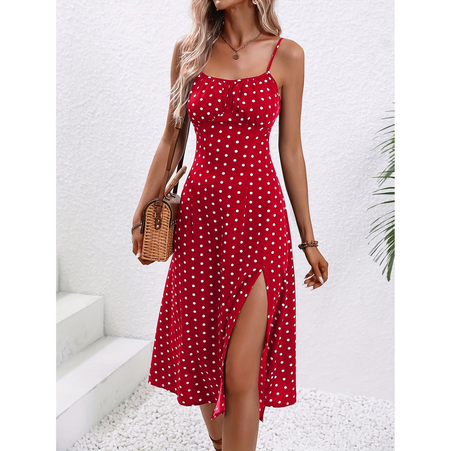 Melanie – Robe Longue d'Été à Pois avec Fente Séduisante