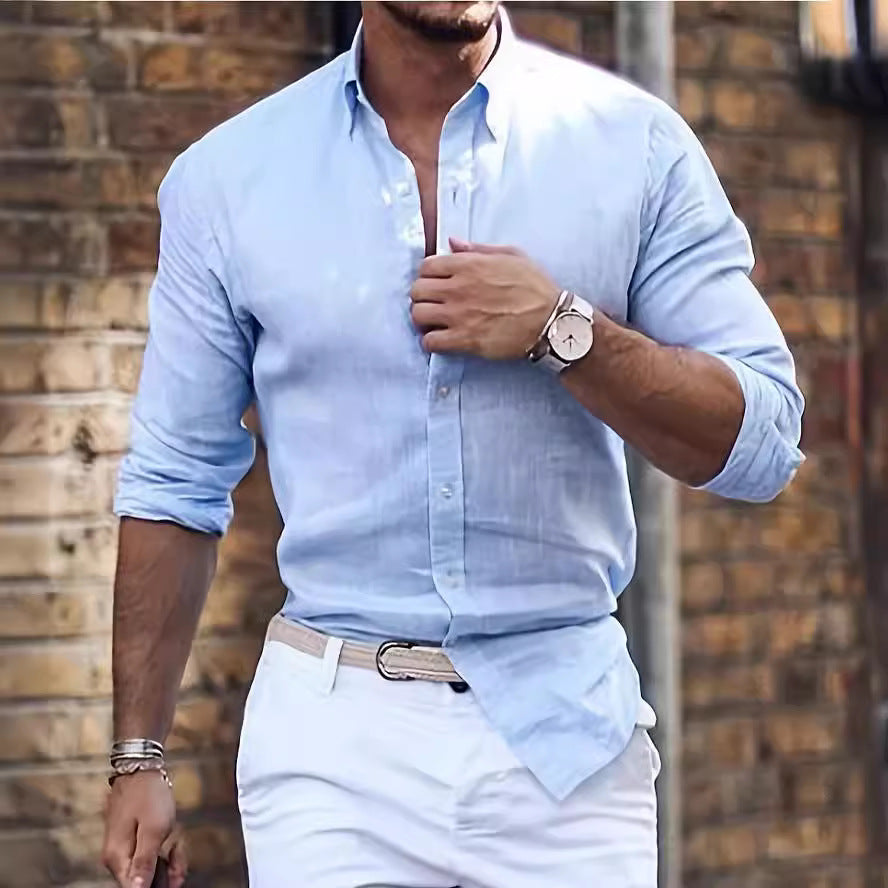 Harold – Chemise Longue en Coton Lin avec Col Polo Décontracté