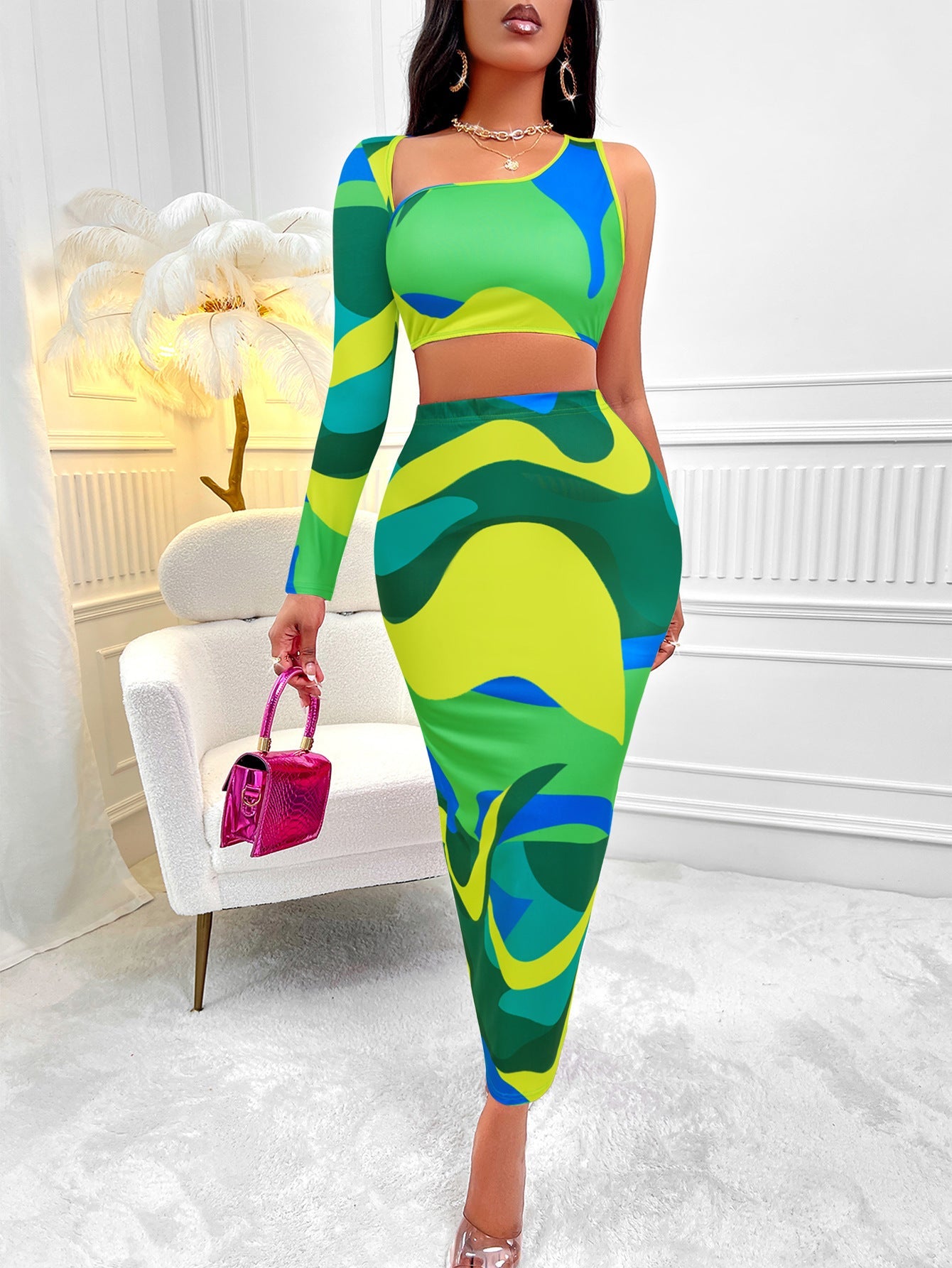 Michelle – Ensemble asymétrique à une épaule avec imprimé