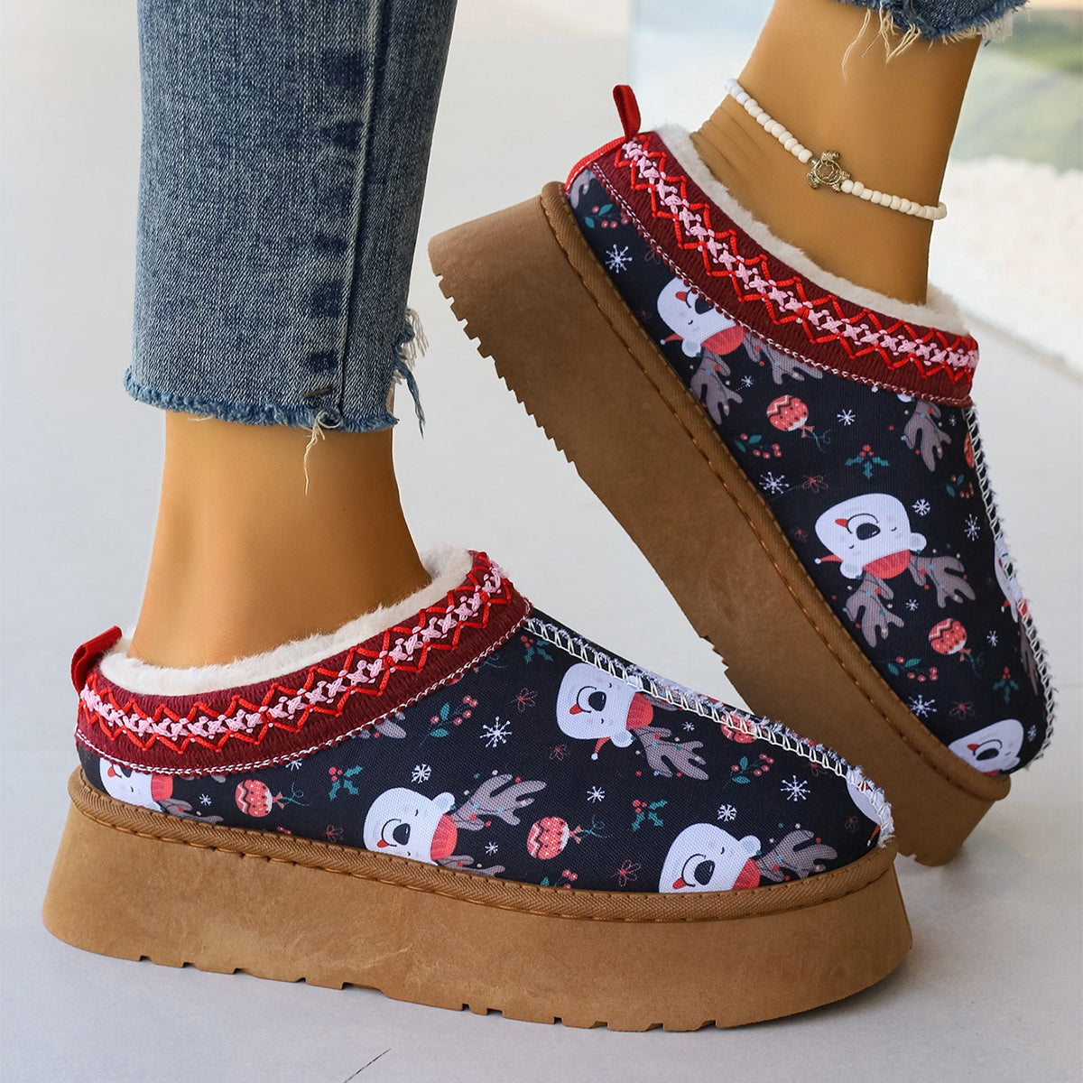 Mary – Bottines à Imprimé de Noël pour Femmes avec Doublure en Peluche