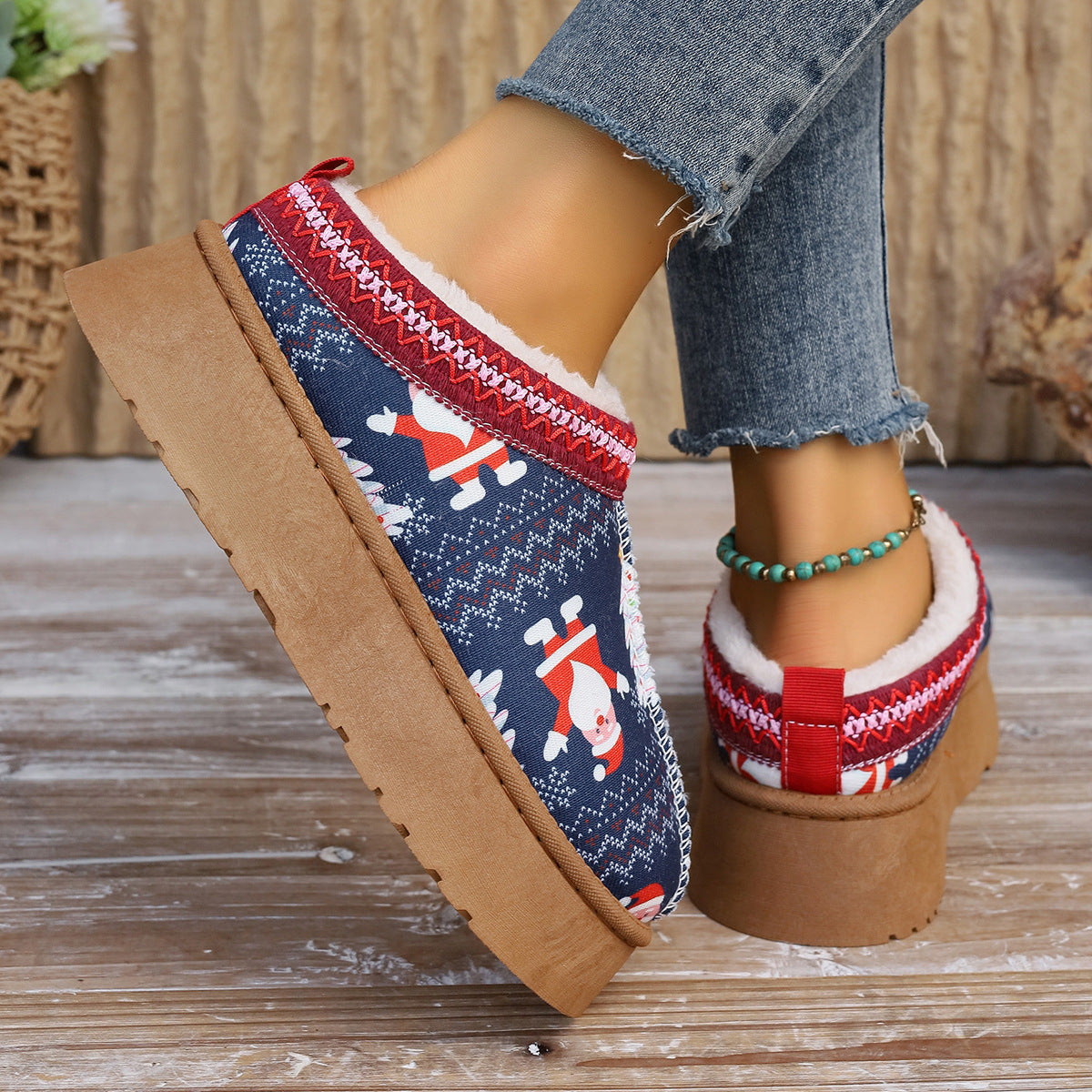 Mary – Bottines à Imprimé de Noël pour Femmes avec Doublure en Peluche