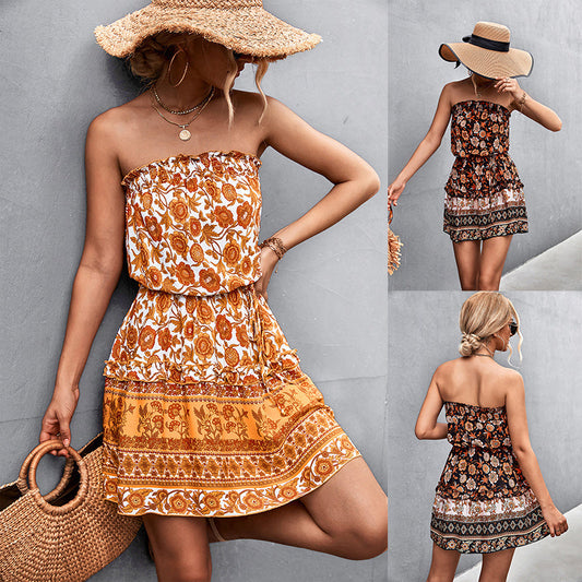 Samantha – Robe sans bretelles à imprimé floral bohème pour l'été à la plage