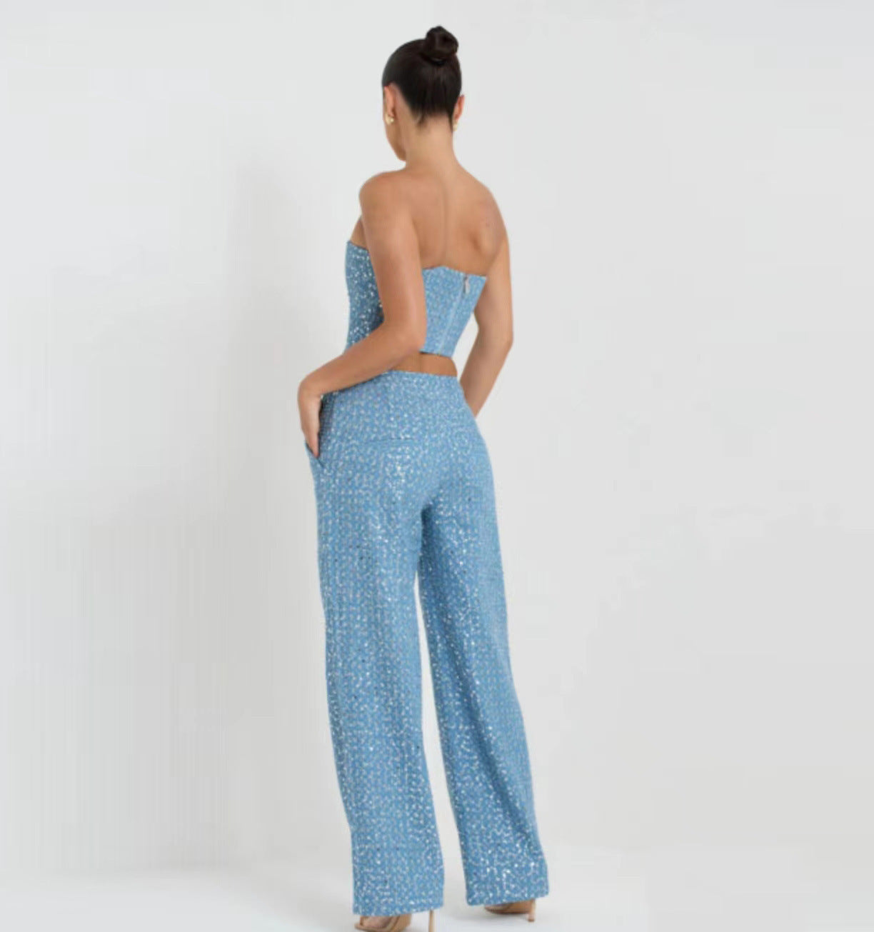 Joan – Ensemble Tube Top en Denim à Sequins avec Pantalon Large