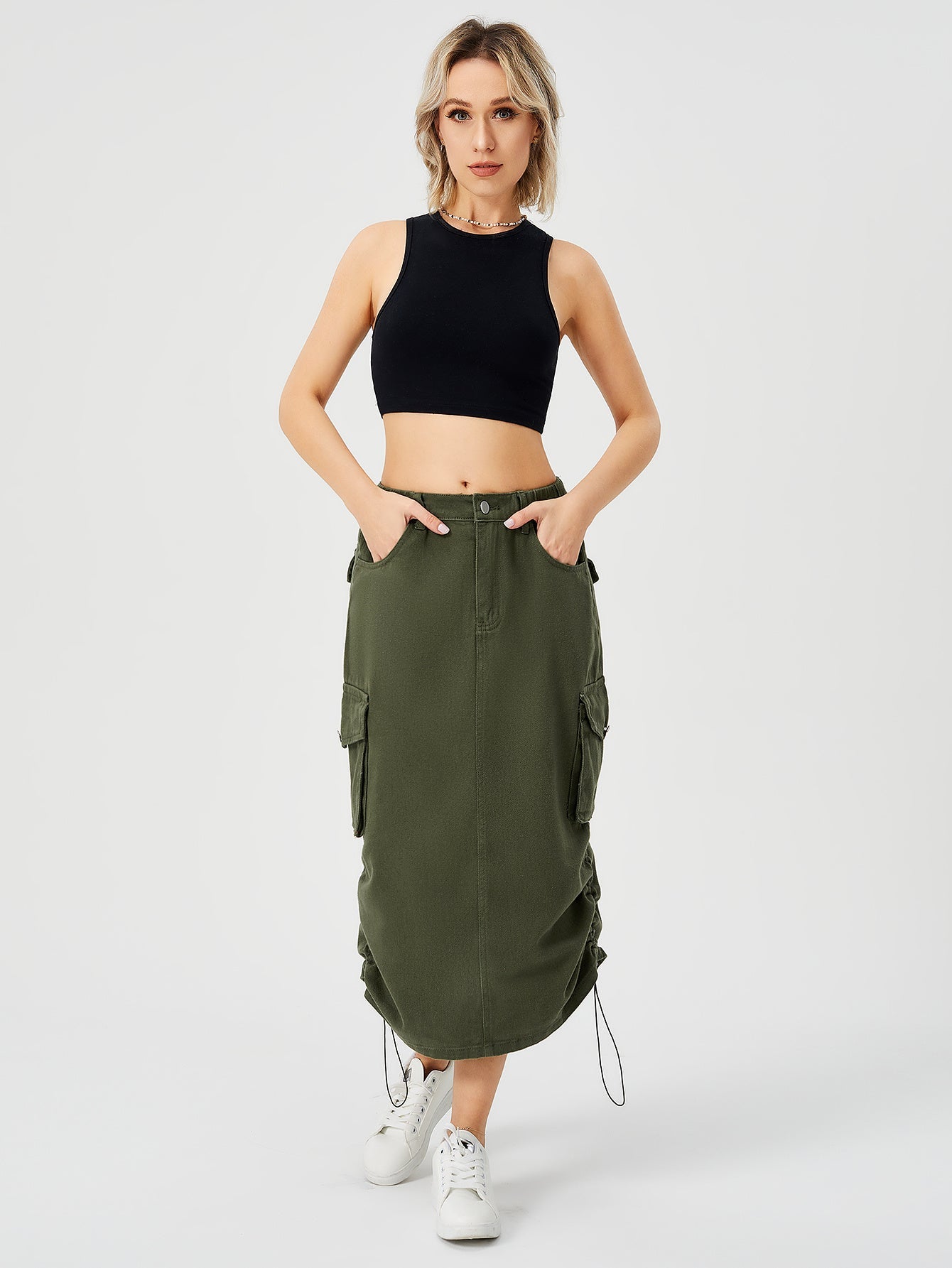 Victoria – Jupe Cargo Longue pour Femme avec Taille Haute et Fente Frontale