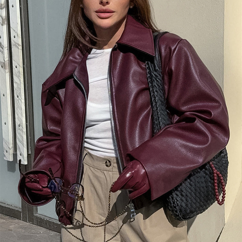 Michelle – Veste décontractée à manches longues avec revers et fermeture éclair en cuir vegan