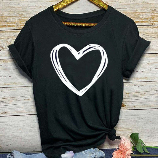 Adèle – T-shirt à motif cœur pour femme, manches courtes, col rond, ample