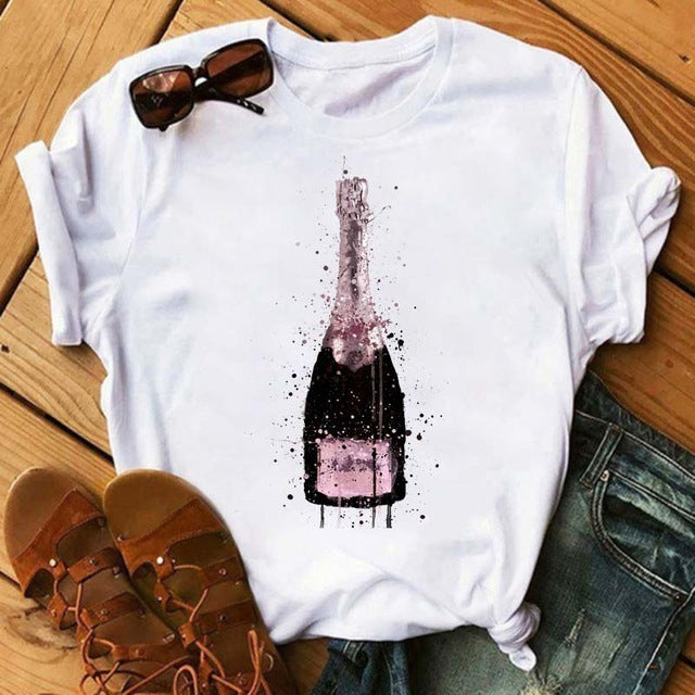 Emily – T-shirt Kawaii avec motif verre à vin rose