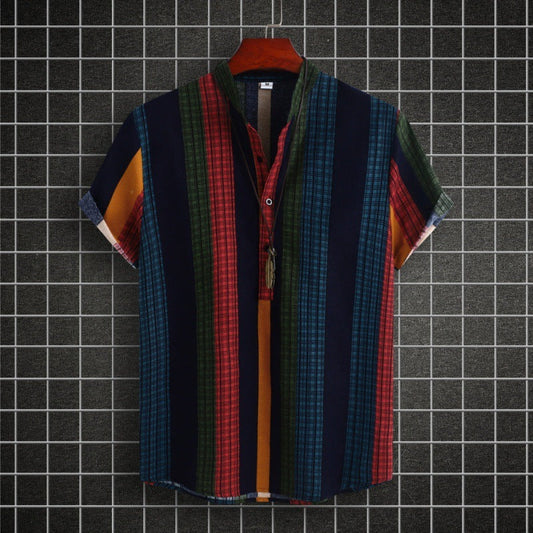 Tony – Chemise en Coton et Lin à Rayures de Style Ethnique avec Col Mandarin et Manches Courtes