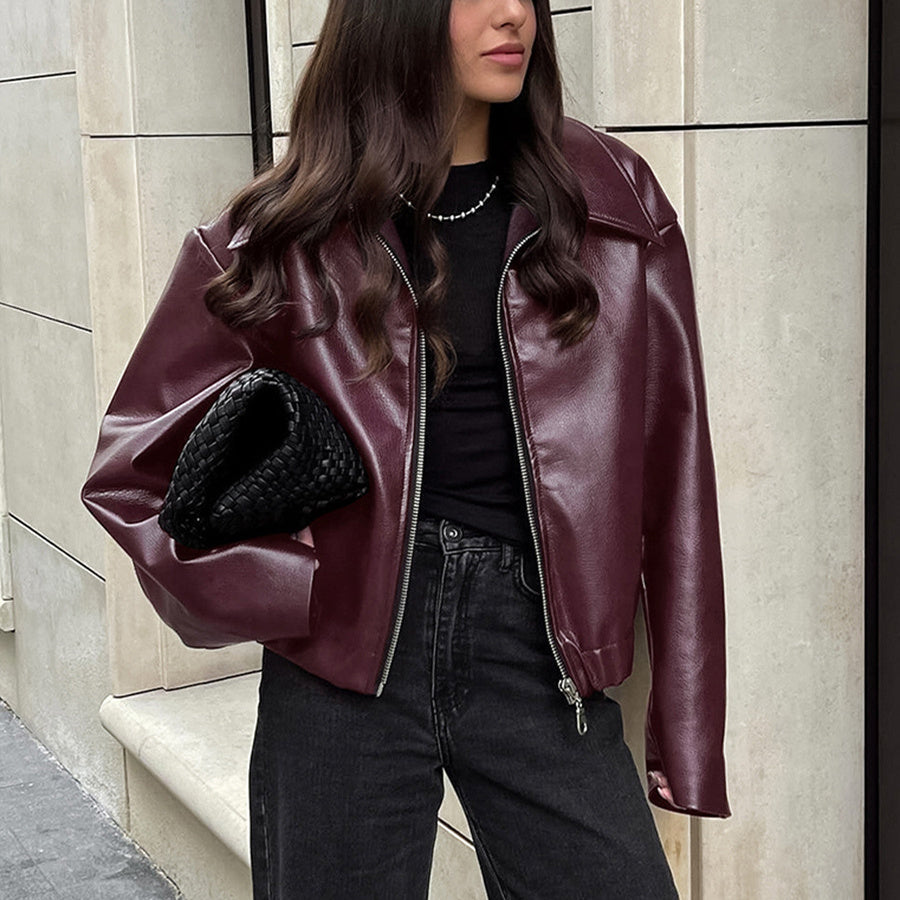 Michelle – Veste décontractée à manches longues avec revers et fermeture éclair en cuir vegan