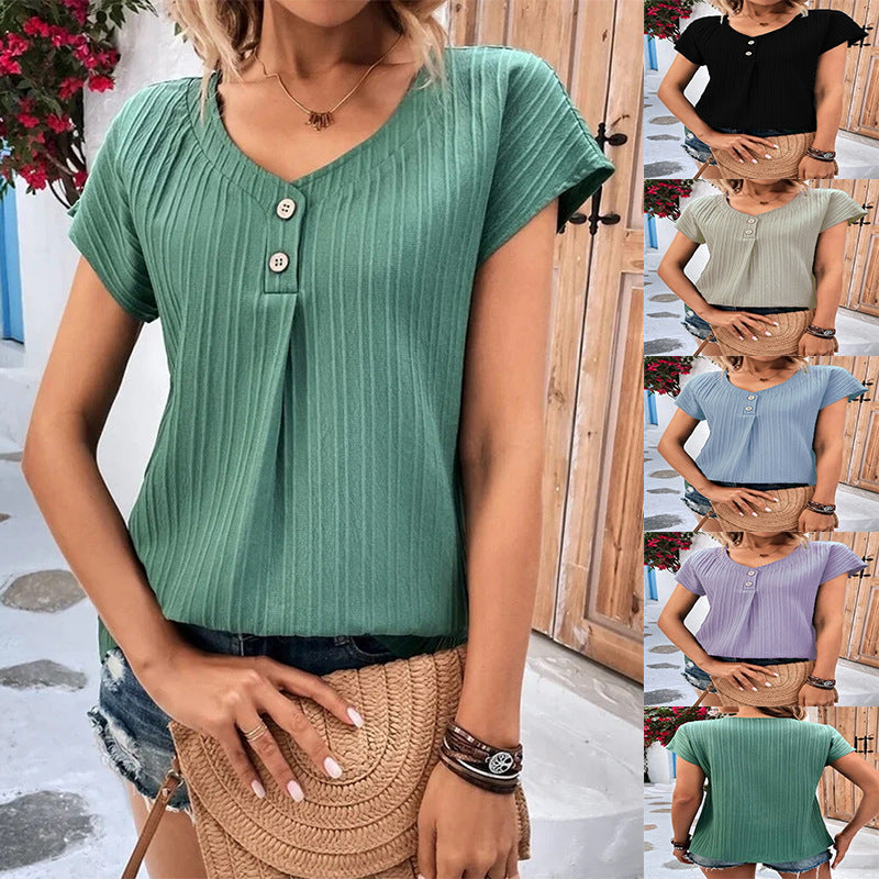 Sue – T-shirt Rayé à Col Rond avec Boutons et Manches Courtes