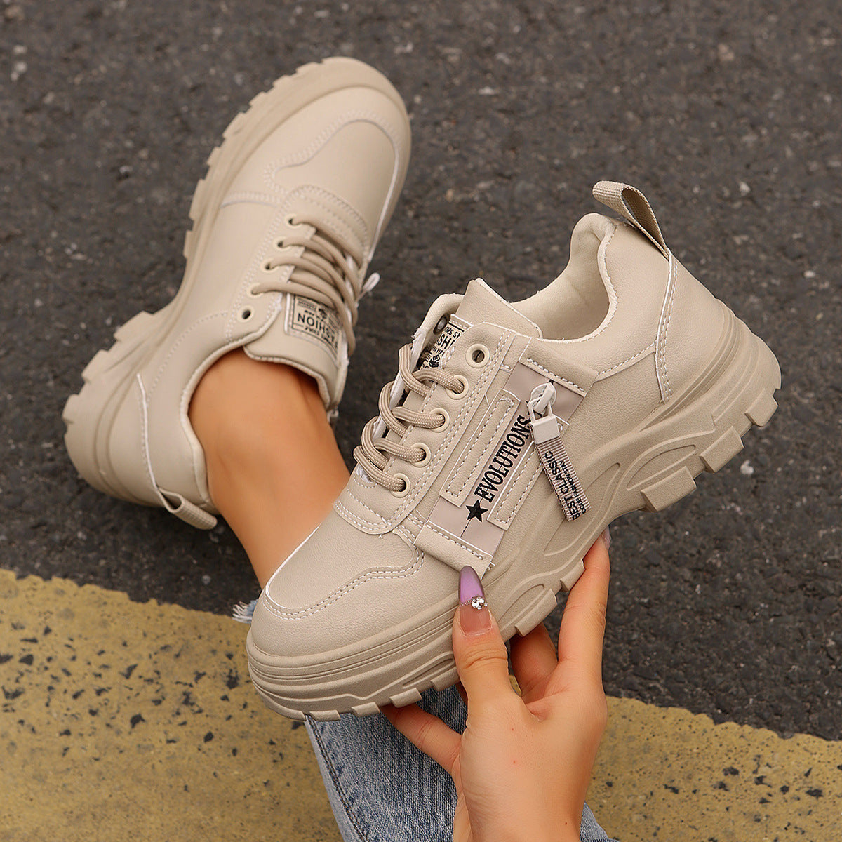 Heather – Sneaker à Lacets avec Fermeture Éclair Latérale et Semelle Épaisse
