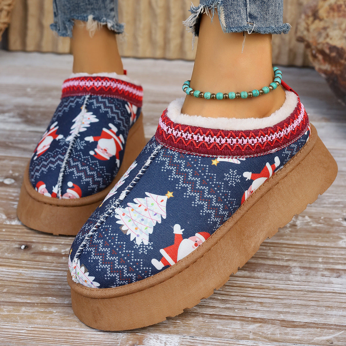 Mary – Bottines à Imprimé de Noël pour Femmes avec Doublure en Peluche