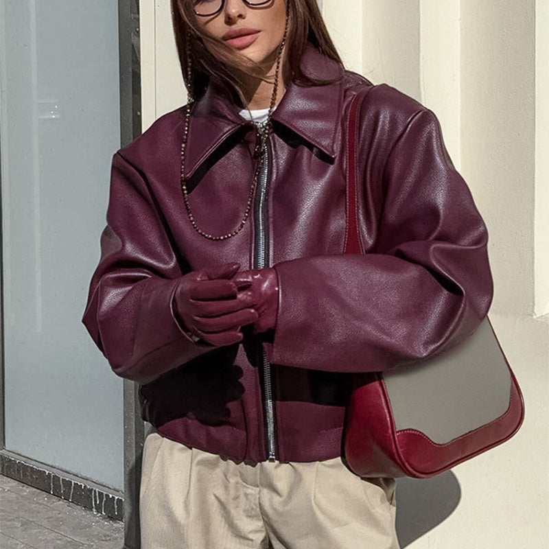Michelle – Veste décontractée à manches longues avec revers et fermeture éclair en cuir vegan