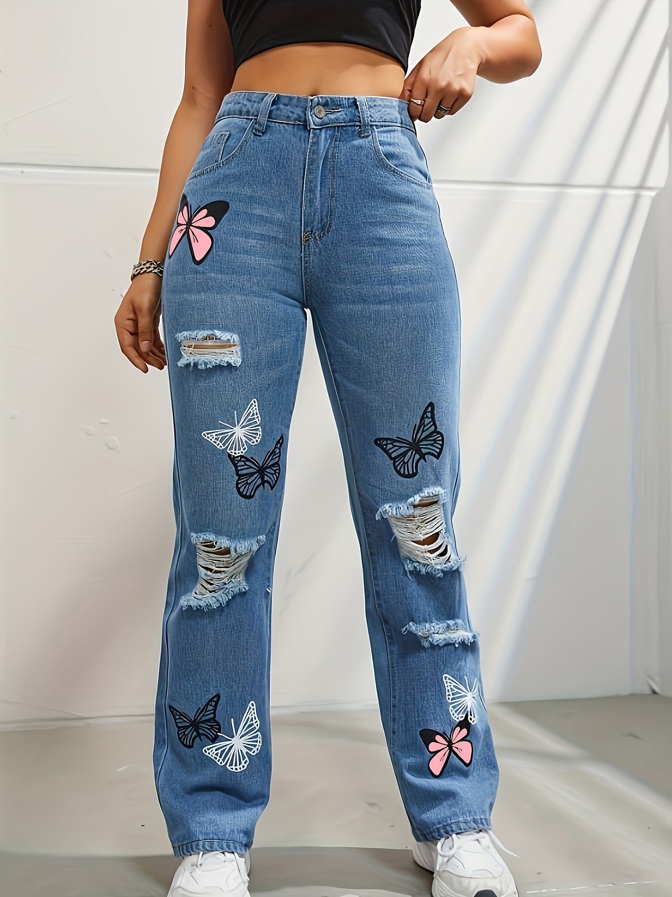 Samantha – Jean Taille Haute avec Imprimé Papillon