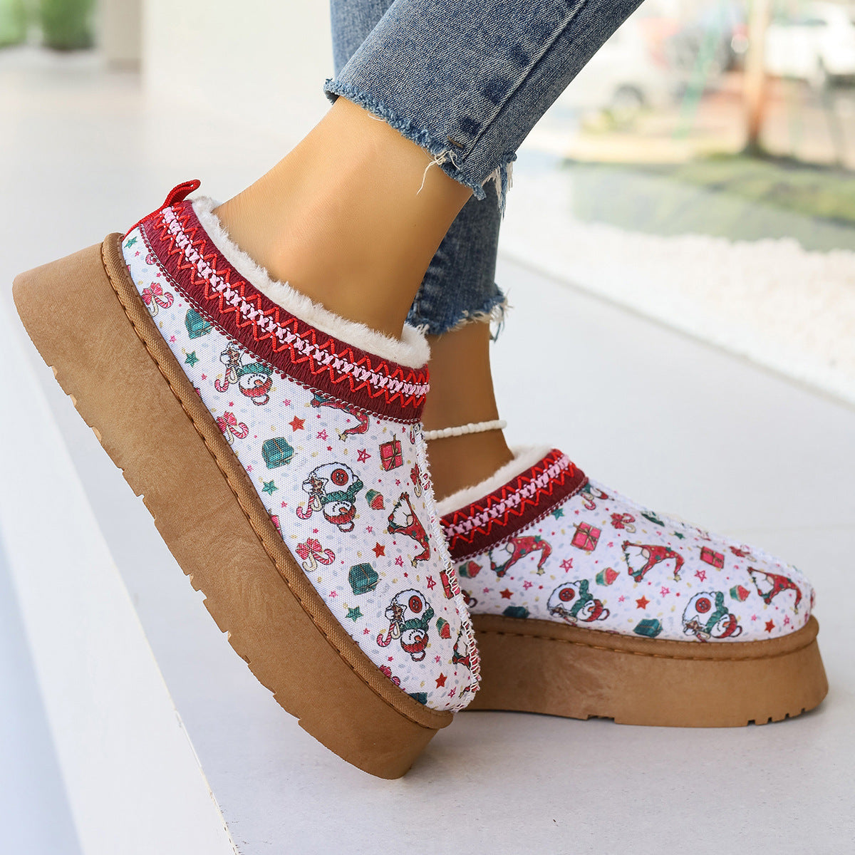 Mary – Bottines à Imprimé de Noël pour Femmes avec Doublure en Peluche