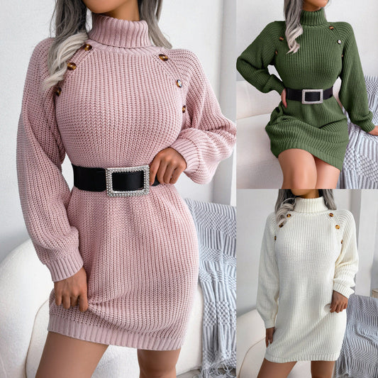 Brenda – Robe Pull Longue avec Col Roulé et Boutons