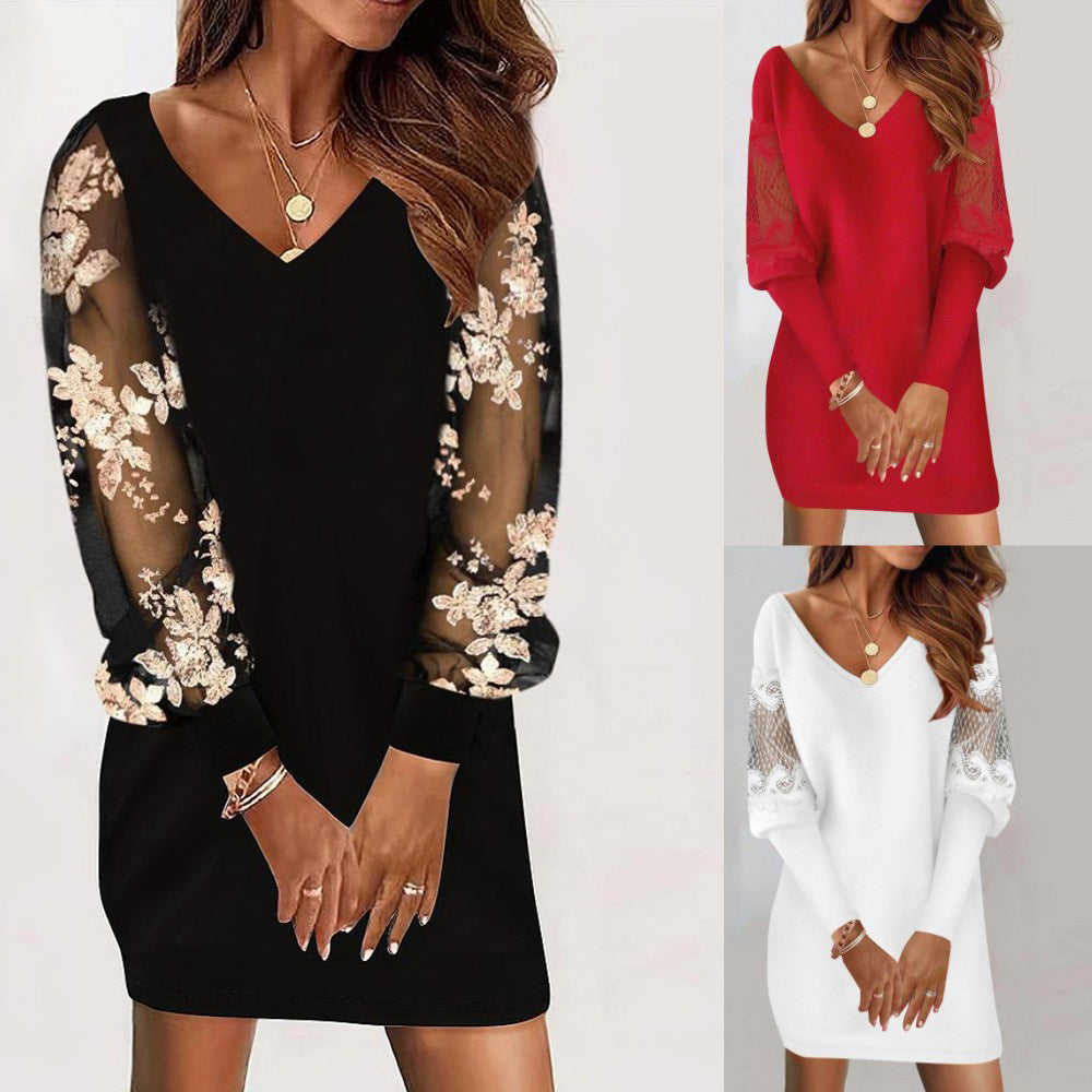 Christina – Robe à Manches Longues avec Col en V et Dentelle pour Femmes