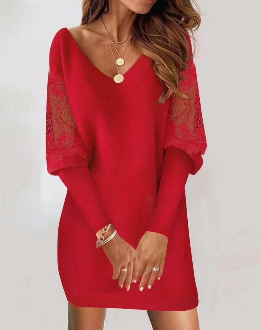 Christina – Robe à Manches Longues avec Col en V et Dentelle pour Femmes