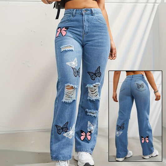 Samantha – Jean Taille Haute avec Imprimé Papillon
